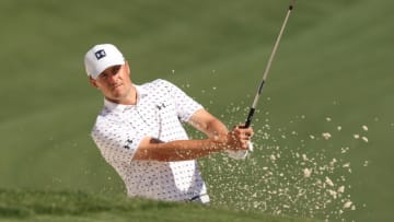 AUGUSTA, GEORGIA - APRIL 06: Jordan Spieth of the United States plays a shot from a bunker on the tenth hole during a practice round prior to the Masters at Augusta National Golf Club on April 06, 2021 in Augusta, Georgia. (Photo by Kevin C. Cox/Getty Images)