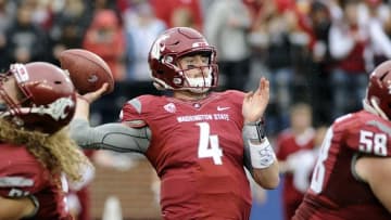 Sep 17, 2016; Pullman, WA, USA; Washington State Cougars quarterback Luke Falk (4) drops back for a pass against the Idaho Vandals during the first half at Martin Stadium. Mandatory Credit: James Snook-USA TODAY Sports