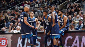 SAN ANTONIO, TX - DECEMBER 21: the Minnesota Timberwolves huddle up prior to the game against the San Antonio Spurs on December 21, 2018 at the AT&T Center in San Antonio, Texas. NOTE TO USER: User expressly acknowledges and agrees that, by downloading and or using this photograph, user is consenting to the terms and conditions of the Getty Images License Agreement. Mandatory Copyright Notice: Copyright 2018 NBAE (Photos by Mark Sobhani/NBAE via Getty Images)