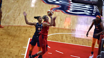WASHINGTON, DC - OCTOBER 1: Elena Delle Donne #11 of the Washington Mystics shoots the ball against the Connecticut Sun during Game 2 of the 2019 WNBA Finals on October 1, 2019 at the St. Elizabeths East Entertainment and Sports Arena in Washington, DC. NOTE TO USER: User expressly acknowledges and agrees that, by downloading and or using this photograph, User is consenting to the terms and conditions of the Getty Images License Agreement. Mandatory Copyright Notice: Copyright 2019 NBAE (Photo by Rich Kessler/NBAE via Getty Images)