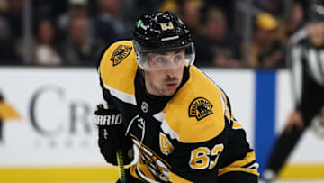 Nov 11, 2021; Boston, Massachusetts, USA; Boston Bruins center Brad Marchand (63) during the third period against the Edmonton Oilers at TD Garden. Mandatory Credit: Winslow Townson-USA TODAY Sports
