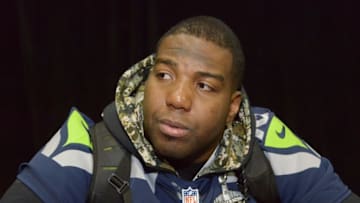 Jan 29, 2015; Phoenix, AZ, USA; Seattle Seahawks tackle Russell Okung (76) at press conference at Arizona Grand in advance of Super Bowl XLIX. Mandatory Credit: Kirby Lee-USA TODAY Sports