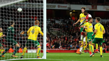 LONDON, ENGLAND - OCTOBER 24: Edward Nketiah of Arsenal scores the second Arsenal goal during the Carabao Cup Fourth Round match between Arsenal and Norwich City at Emirates Stadium on October 24, 2017 in London, England. (Photo by Richard Heathcote/Getty Images)