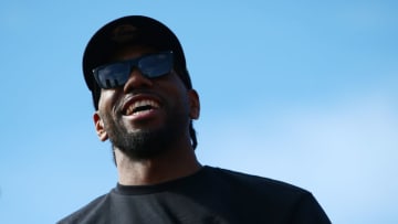 TORONTO, ON - JUNE 17: Kawhi Leonard #2 of the Toronto Raptors looks on during the Toronto Raptors Victory Parade on June 17, 2019 in Toronto, Canada. The Toronto Raptors beat the Golden State Warriors 4-2 to win the 2019 NBA Finals. NOTE TO USER: User expressly acknowledges and agrees that, by downloading and or using this photograph, User is consenting to the terms and conditions of the Getty Images License Agreement. (Photo by Vaughn Ridley/Getty Images)
