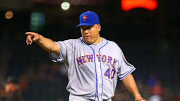 Aug 15, 2016; Phoenix, AZ, USA; New York Mets pitcher Bartolo Colon reacts after the end of the second inning against the Arizona Diamondbacks at Chase Field. Mandatory Credit: Mark J. Rebilas-USA TODAY Sports