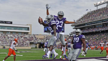 MANHATTAN, KS - SEPTEMBER 07: Running back Joe Ervin #22 of the Kansas State Wildcats celebrates after scoring a touchdown with wide receiver Joshua Youngblood #23 of the Kansas State Wildcats against the Bowling Green Falcons, during the second half at Bill Snyder Family Football Stadium on September 7, 2019 in Manhattan, Kansas. (Photo by Peter G. Aiken/Getty Images)