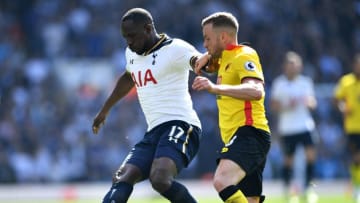 LONDON, ENGLAND - APRIL 08: Moussa Sissoko of Tottenham Hotspur (L) and Tom Cleverley of Watford (R) battle for possession during the Premier League match between Tottenham Hotspur and Watford at White Hart Lane on April 8, 2017 in London, England. (Photo by Dan Mullan/Getty Images)