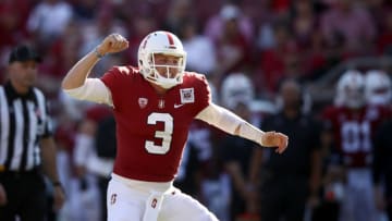PALO ALTO, CALIFORNIA - OCTOBER 26: K.J. Costello #3 of the Stanford Cardinal reacts after he thought the Cardinal scored a touchdown in the fourth quarter against the Arizona Wildcats at Stanford Stadium on October 26, 2019 in Palo Alto, California. The ball was ruled down on the one yard line on the play. (Photo by Ezra Shaw/Getty Images)