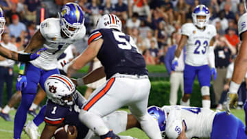 Auburn footballSep 10, 2022; Auburn, Alabama, USA; Auburn Tigers quarterback T.J. Finley (1) scores a touchdown against the San Jose State Spartans during the fourth quarter at Jordan-Hare Stadium. Mandatory Credit: John Reed-USA TODAY Sports