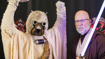 ESCONDIDO, CALIFORNIA - OCTOBER 30: Cosplayers Matt Greenberg as a Tusken Raider (L) and Kirk Starr as Obi-Wan Kenobi from "Star Wars attend Fandom Invasion at California Center for the Arts, Escondido on October 30, 2021 in Escondido, California. Fandom Invasion is a new pop culture convention presented by the Science Fiction Coalition, celebrating all science fiction and pop culture fandoms. (Photo by Daniel Knighton/Getty Images)