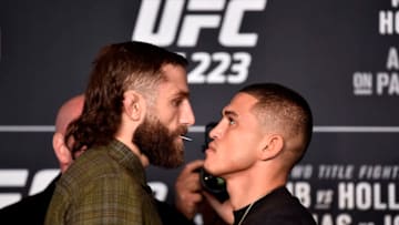 BROOKLYN, NY - APRIL 05: (L-R) Michael Chiesa and Anthony Pettis face off during the UFC 223 Ultimate Media Day inside Barclays Center on April 5, 2018 in Brooklyn, New York. (Photo by Jeff Bottari/Zuffa LLC/Zuffa LLC via Getty Images)