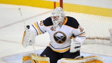 February 24, 2016; Anaheim, CA, USA; Buffalo Sabres goalie Robin Lehner (40) blocks a shot against Anaheim Ducks during the third period at Honda Center. Mandatory Credit: Gary A. Vasquez-USA TODAY Sports
