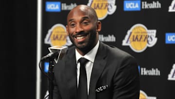 LOS ANGELES, CA - DECEMBER 18: Kobe Bryant speaks at a press conference prior to a basketball game between the Los Angeles Lakers and the Golden State Warriors at Staples Center on December 18, 2017 in Los Angeles, California. (Photo by Allen Berezovsky/Getty Images)