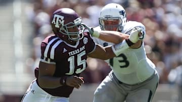 Sep 19, 2015; College Station, TX, USA; Texas A&M Aggies defensive lineman Myles Garrett (15) in action during the game against the Nevada Wolf Pack at Kyle Field. Mandatory Credit: Troy Taormina-USA TODAY Sports