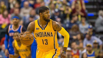 Jan 7, 2017; Indianapolis, IN, USA; Indiana Pacers forward Paul George (13) dribbles the ball in the second half of the game against the New York Knicks at Bankers Life Fieldhouse. The Indiana Pacers beat the New York Knicks 123-109.Mandatory Credit: Trevor Ruszkowski-USA TODAY Sports
