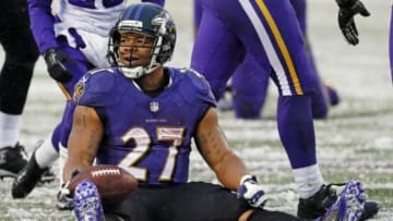 Dec 8, 2013; Baltimore, MD, USA; Baltimore Ravens running back Ray Rice (27) reacts after being tackled against the Minnesota Vikings at M&T Bank Stadium. Mandatory Credit: Mitch Stringer-USA TODAY Sports