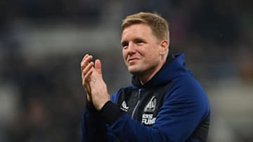 NEWCASTLE UPON TYNE, ENGLAND - MAY 16: Eddie Howe, Manager of Newcastle United applauds the fans following their side's victory in the Premier League match between Newcastle United and Arsenal at St. James Park on May 16, 2022 in Newcastle upon Tyne, England. (Photo by Stu Forster/Getty Images)
