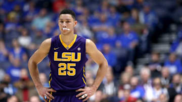 NASHVILLE, TN - MARCH 12: Ben Simmons #25 of the LSU Tigers stands on the court after being charged with a technical foul in the game against the Texas A&M Aggies during the semifinals of the SEC Tournament at Bridgestone Arena on March 12, 2016 in Nashville, Tennessee. (Photo by Andy Lyons/Getty Images)