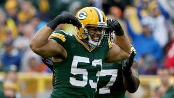 GREEN BAY, WI - OCTOBER 22: Nick Perry #53 of the Green Bay Packers celebrates after recording a sack in the second quarter against the New Orleans Saints at Lambeau Field on October 22, 2017 in Green Bay, Wisconsin. (Photo by Dylan Buell/Getty Images)