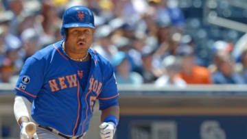Jul 20, 2014; San Diego, CA, USA; New York Mets right fielder Bobby Abreu (53) reacts after popping up in the fifth inning against the San Diego Padres at Petco Park. Mandatory Credit: Jake Roth-USA TODAY Sports