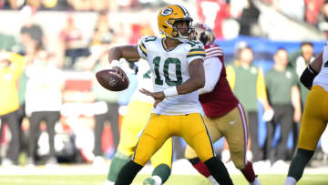 SANTA CLARA, CALIFORNIA - AUGUST 12: Jordan Love #10 of the Green Bay Packers drops back to pass against the San Francisco 49ers during the second quarter of an NFL preseason football game at Levi's Stadium on August 12, 2022 in Santa Clara, California. (Photo by Thearon W. Henderson/Getty Images)