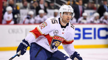 PITTSBURGH, PA - MARCH 05: Florida Panthers Center Riley Sheahan (15) looks on during the third period in the NHL game between the Pittsburgh Penguins and the Florida Panthers on March 5, 2019, at PPG Paints Arena in Pittsburgh, PA. (Photo by Jeanine Leech/Icon Sportswire via Getty Images)