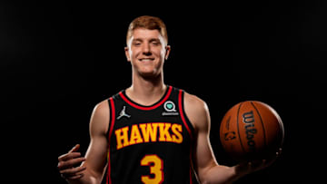 Sep 27, 2021; Atlanta, GA, USA; Atlanta Hawks guard Kevin Huerter (3) pictured at Hawks Media Day held at PC&E. Mandatory Credit: Dale Zanine-USA TODAY Sports