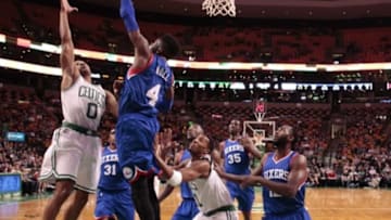 Oct 6, 2014; Boston, MA, USA; Boston Celtics guard Avery Bradley (0) drives the ball to the basket against Philadelphia 76ers forward Nerlens Noel (4) in the first half at TD Garden. Boston defeated the 76ers 98-78. Mandatory Credit: David Butler II-USA TODAY Sports