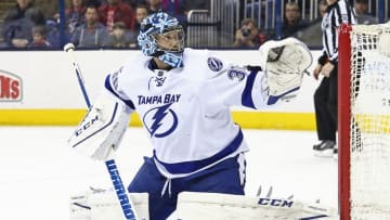 Mar 13, 2016; Columbus, OH, USA; Tampa Bay Lightning goalie Ben Bishop (30) against the Columbus Blue Jackets at Nationwide Arena. The Lightning won 4-0. Mandatory Credit: Aaron Doster-USA TODAY Sports