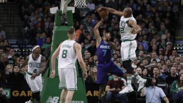 Dec 16, 2016; Boston, MA, USA; Boston Celtics center Al Horford (42) defends against Charlotte Hornets guard Ramon Sessions (7) in the second half at TD Garden. The Celtics defeated Charlotte 96-88. Mandatory Credit: David Butler II-USA TODAY Sports