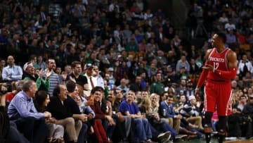 Mar 11, 2016; Boston, MA, USA; Houston Rockets center Dwight Howard (12) interacts with the crowd during the second half of a game against the Boston Celtics at TD Garden. Mandatory Credit: Mark L. Baer-USA TODAY Sports