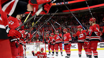 RALEIGH, NC - DECEMBER 31: Andrei Svechnikov #37 of the Carolina Hurricanes participates in the Storm Surge with teammates after a victory over the Philadelphia Flyers during an NHL game on December 31, 2018 at PNC Arena in Raleigh, North Carolina. (Photo by Gregg Forwerck/NHLI via Getty Images)