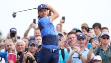 PORTRUSH, NORTHERN IRELAND - JULY 15: Rickie Fowler of the United States plays a shot during a practice round prior to the 148th Open Championship held on the Dunluce Links at Royal Portrush Golf Club on July 15, 2019 in Portrush, United Kingdom. (Photo by Francois Nel/Getty Images)
