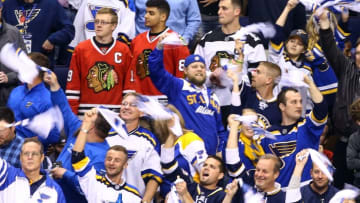 Apr 21, 2016; St. Louis, MO, USA; Fans waive towels during the third period in game five of the first round of the 2016 Stanley Cup Playoffs between the St. Louis Blues and the Chicago Blackhawks at Scottrade Center. Mandatory Credit: Billy Hurst-USA TODAY Sports