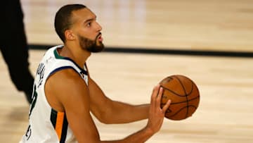 LAKE BUENA VISTA, FLORIDA - AUGUST 25: Rudy Gobert #27 of the Utah Jazz shoots the ball during the fourth quarter against the Denver Nuggets in Game Five of the Western Conference First Round during the 2020 NBA Playoffs at The Field House at ESPN Wide World Of Sports Complex on August 25, 2020 in Lake Buena Vista, Florida. NOTE TO USER: User expressly acknowledges and agrees that, by downloading and or using this photograph, User is consenting to the terms and conditions of the Getty Images License Agreement. (Photo by Mike Ehrmann/Getty Images)