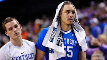 GREENSBORO, NORTH CAROLINA - MARCH 19: Lance Ware #55 of the Kentucky Wildcats walks off the court after losing to the Kansas State Wildcats 75-69 in the second round of the NCAA Men's Basketball Tournament at The Fieldhouse at Greensboro Coliseum on March 19, 2023 in Greensboro, North Carolina. (Photo by Jacob Kupferman/Getty Images)
