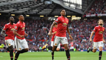 MANCHESTER, ENGLAND - AUGUST 26: Marcus Rashford of Manchester United celebrates scoring his sides first goal with his Manchester United team mates during the Premier League match between Manchester United and Leicester City at Old Trafford on August 26, 2017 in Manchester, England. (Photo by Michael Regan/Getty Images)