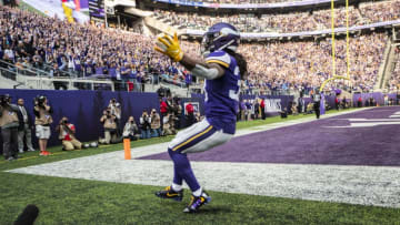 MINNEAPOLIS, MN - DECEMBER 16: Dalvin Cook #33 of the Minnesota Vikings celebrates after scoring a 13 yard touchdown in the first quarter of the game against the Miami Dolphins at U.S. Bank Stadium on December 16, 2018 in Minneapolis, Minnesota. (Photo by Adam Bettcher/Getty Images)