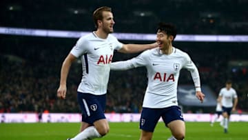 LONDON, ENGLAND - JANUARY 13: Harry Kane of Tottenham Hotspur celebrates with teammate Heung-Min Son after scoring his sides second goal during the Premier League match between Tottenham Hotspur and Everton at Wembley Stadium on January 13, 2018 in London, England. (Photo by Jordan Mansfield/Getty Images)