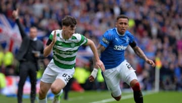 GLASGOW, SCOTLAND - APRIL 23: Kieran Tierney of Celtic and James Tavernier of Rangers compete for the ball during the Scottish Cup Semi-Final match between Celtic and Rangers at Hampden Park on April 23, 2017 in Glasgow, Scotland. (Photo by Mark Runnacles/Getty Images)