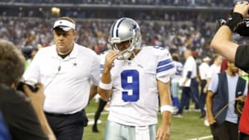 Oct 27, 2014; Arlington, TX, USA; Dallas Cowboys quarterback Tony Romo (9) walks off the field after the game against the Washington Redskins at AT&T Stadium. The Redskins beat the Cowboys 20-17 in overtime. Mandatory Credit: Matthew Emmons-USA TODAY Sports