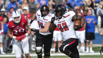 LAWRENCE, KS - OCTOBER 7: Running back Desmond Nisby #32 of the Texas Tech Red Raiders runs for a 47-yard touchdown against the Kansas Jayhawks in the first quarter at Memorial Stadium on October 7, 2017 in Lawrence, Kansas. (Photo by Ed Zurga/Getty Images)