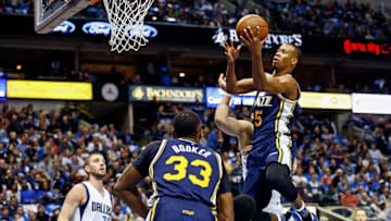 Feb 9, 2016; Dallas, TX, USA; Utah Jazz guard Rodney Hood (5) shoots during the first half against the Dallas Mavericks at American Airlines Center. Mandatory Credit: Kevin Jairaj-USA TODAY Sports