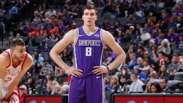 SACRAMENTO, CA - APRIL 11: Bogdan Bogdanovic #8 of the Sacramento Kings looks on during the game against the Houston Rockets on April 11, 2018 at Golden 1 Center in Sacramento, California. NOTE TO USER: User expressly acknowledges and agrees that, by downloading and or using this photograph, User is consenting to the terms and conditions of the Getty Images Agreement. Mandatory Copyright Notice: Copyright 2018 NBAE (Photo by Rocky Widner/NBAE via Getty Images)
