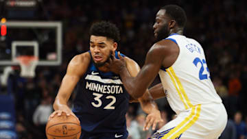 MINNEAPOLIS, MN - MARCH 29: Karl-Anthony Towns #32 of the Minnesota Timberwolves. (Photo by Hannah Foslien/Getty Images)