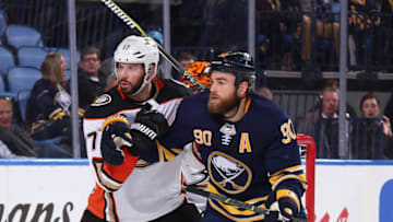 BUFFALO, NY - FEBRUARY 6: Ryan O'Reilly #90 of the Buffalo Sabres battles Ryan Kesler #17 of the Anaheim Ducks during an NHL game on February 6, 2018 at KeyBank Center in Buffalo, New York. (Photo by Bill Wippert/NHLI via Getty Images)