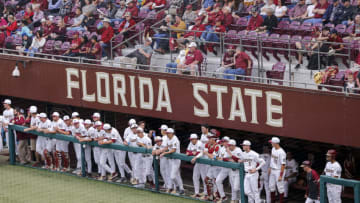 TALLAHASSEE, FL - FEBRUARY 15: A general view of the Florida State Seminoles Baseball Team in the dugout during the game against the Maine Black Bears at Dick Howser Stadium on the campus of Florida State University on February 15, 2019 in Tallahassee, Florida. The 11th Ranked Florida State defeated the Maine Black Bears on Opening Day in a no-hitter 11 to 0. (Photo by Don Juan Moore/Getty Images)