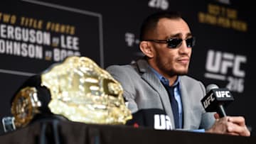 LAS VEGAS, NV - OCTOBER 07: Tony Ferguson speaks to the media after the UFC 216 event inside TMobile Arena on October 7, 2017 in Las Vegas, Nevada. (Photo by Brandon Magnus/Zuffa LLC/Zuffa LLC via Getty Images)