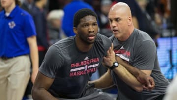 Feb 8, 2016; Philadelphia, PA, USA; Philadelphia 76ers center Joel Embiid practices prior to a game against the Los Angeles Clippers at Wells Fargo Center. Mandatory Credit: Bill Streicher-USA TODAY Sports