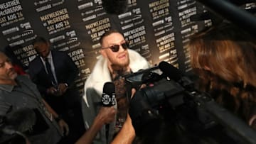 NEW YORK, NY - JULY 13: Conor McGregor speaks to media during the Floyd Mayweather Jr. v Conor McGregor World Press Tour event at Barclays Center on July 13, 2017 in the Brooklyn borough of New York City. (Photo by Mike Lawrie/Getty Images)